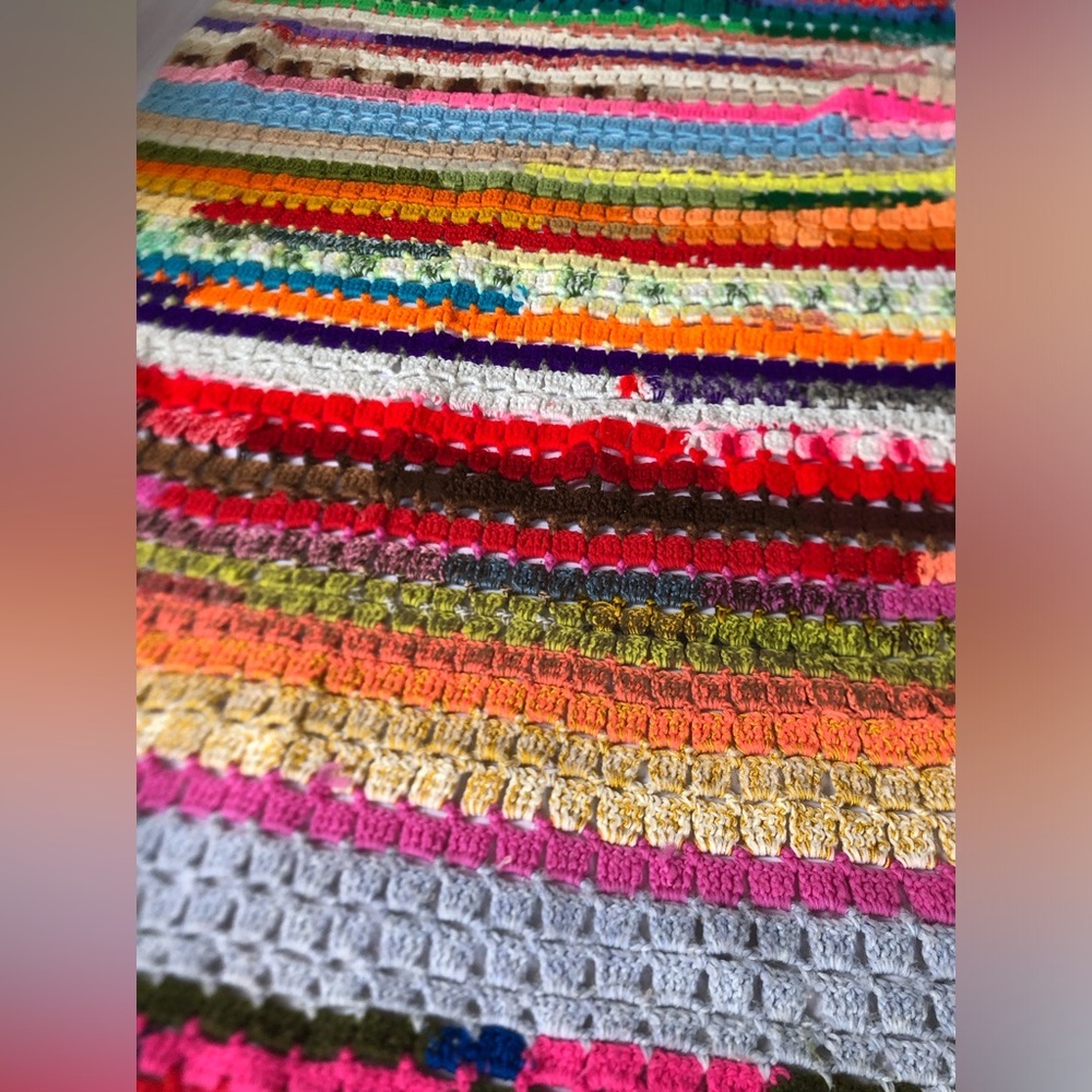 Vtg Handmade Rainbow Striped Crochet Blanket